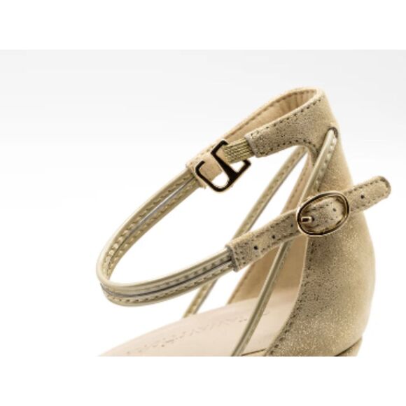 Steffie's Shoes I Size 10 I Suede Metallic Wedge Heel Strap Landmark I Tan Beige - Picture 5 of 16